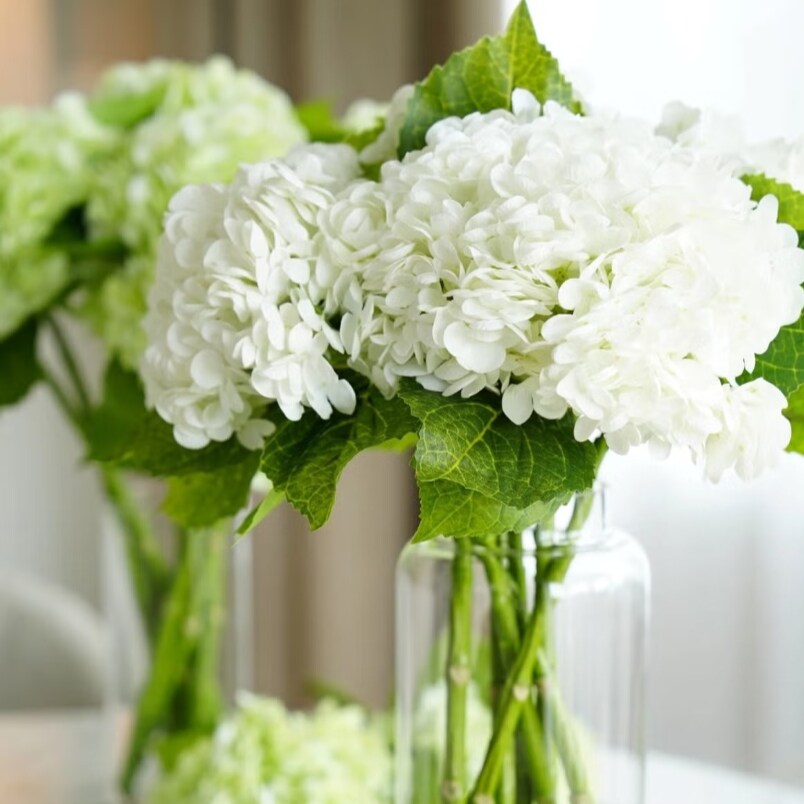 Huitich artificial silk hydrangea blooms for home decor in clear glass vases with green leaves