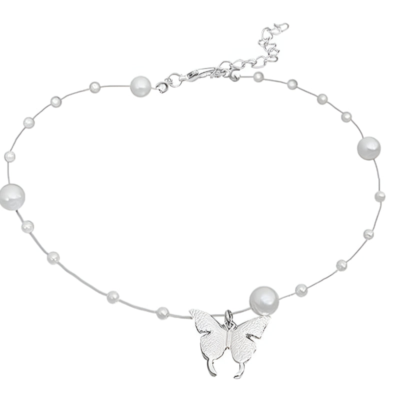 Huitich butterfly pearl necklace with delicate silver butterfly charm and small white pearls on thin chain