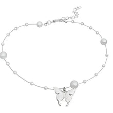 Silver bead chain necklace with round pearls and dangling butterfly charm pendant.