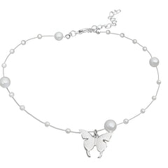 Huitich butterfly pearl necklace with delicate silver butterfly charm and small white pearls on thin chain