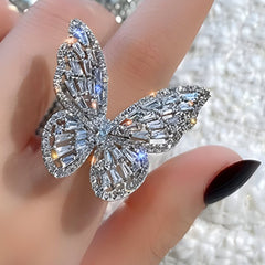 Huitich silver butterfly ring for women with intricate crystal detailing on finger