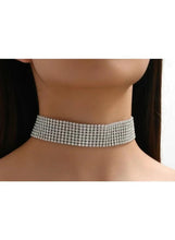 Crystal rhinestone choker necklace, wide silver-tone sparkle band on neck