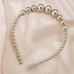 Huitich silver pearl headband for girls featuring graduated silver beads on a flexible band