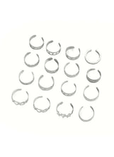 Silver color ring set for women, assorted open band designs, 16-piece