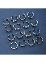 Silver tone hoop and braided rings set for women, mix of textured bands, 16-piece