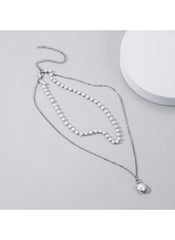 Huitich silver tone fashion necklace for women with layered chains and pearl accents