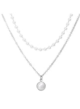 Silver tone necklace with pearl strands and round coin charm pendant