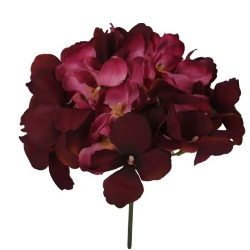 Huitich single stem silk hydrangea flower in dark red with realistic petals and green stem