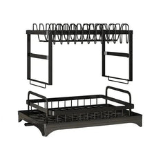 Black countertop dish rack with utensil bar and wire draining grate base