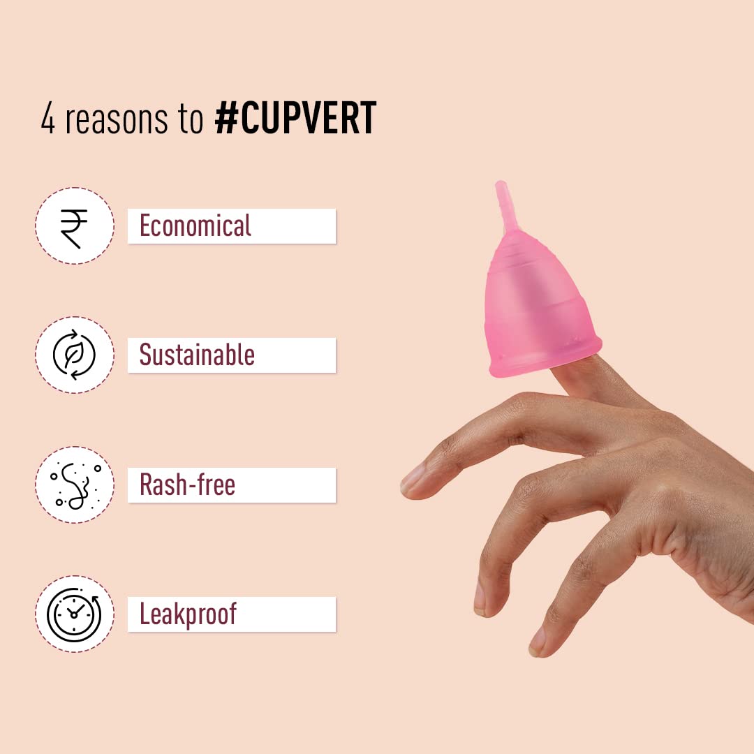 Sirona pink menstrual cup on a finger with icons listing economical sustainable rash free leakproof reusable menstrual cup for women