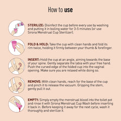 Sirona reusable menstrual cup for women how to use infographic showing sterilize fold insert remove and empty steps