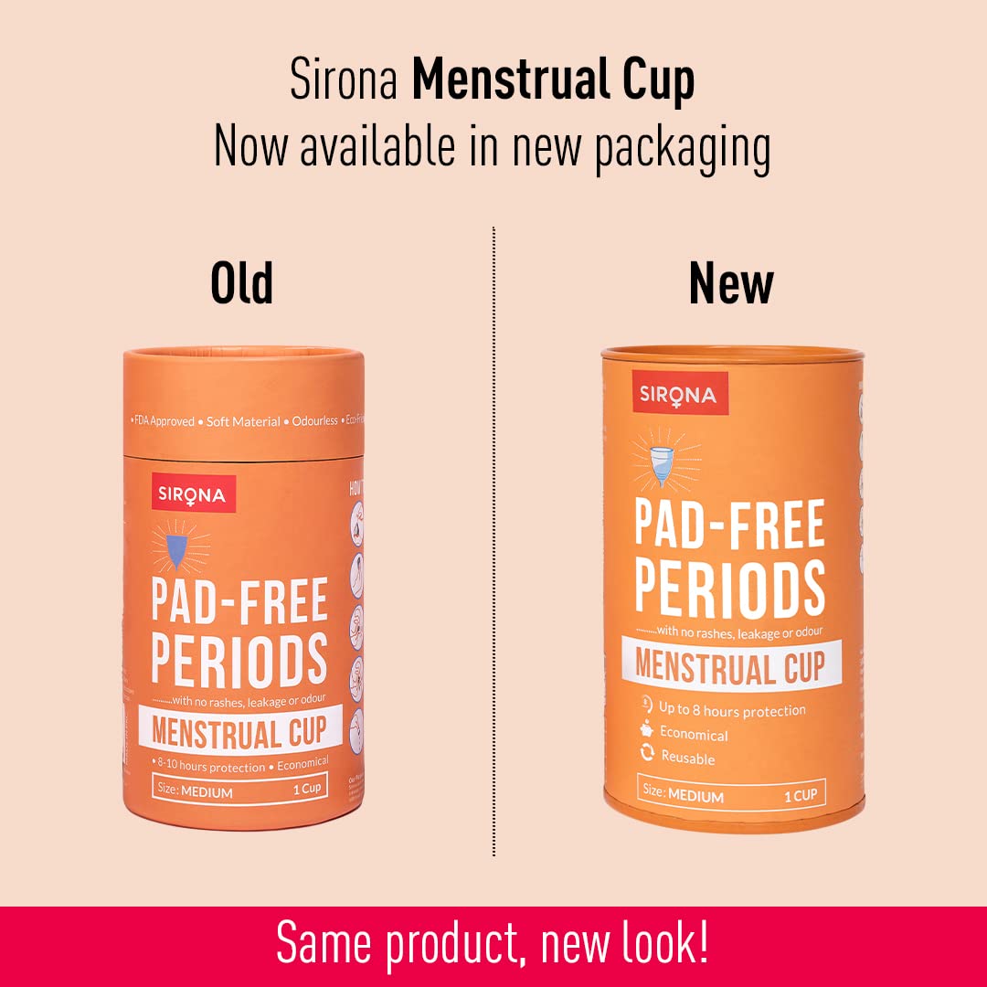 Sirona reusable menstrual cup for women packaging comparison showing old and new orange cylindrical boxes