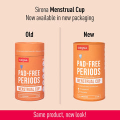 Sirona reusable menstrual cup for women packaging comparison showing old and new orange cylindrical boxes