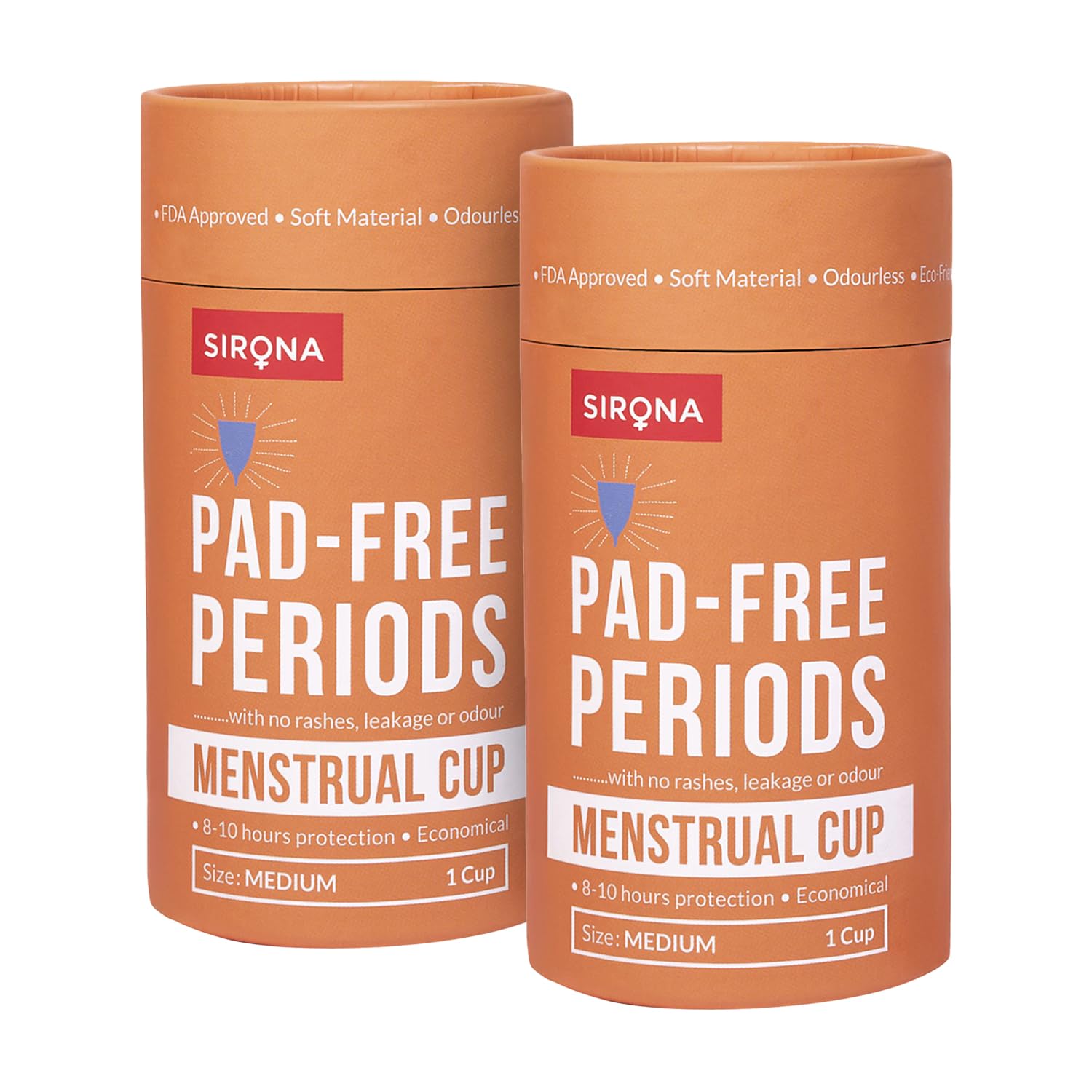 Sirona reusable menstrual cup for women packaged in two orange Pad Free Periods medium size cylinders