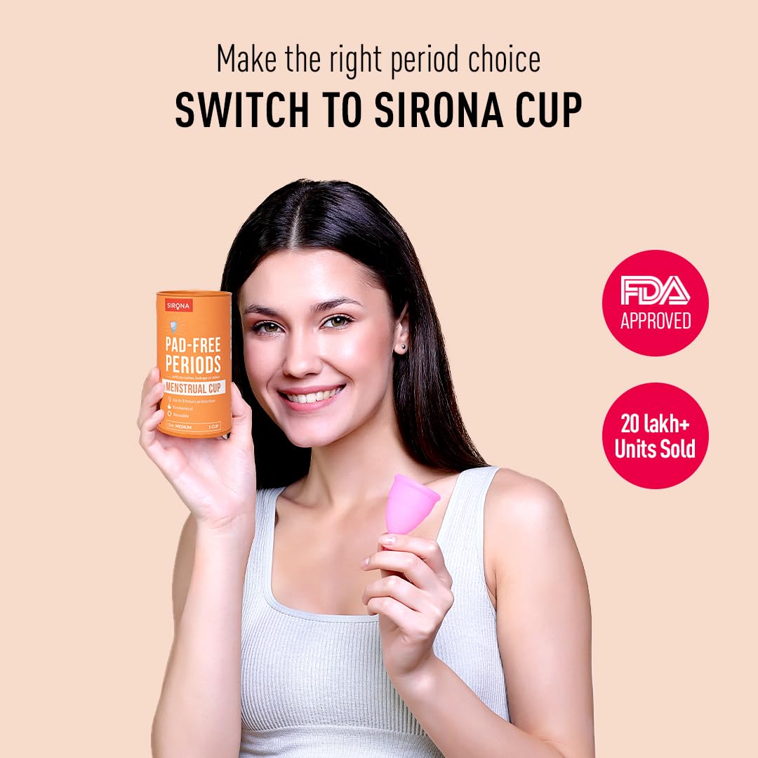 Smiling woman holding Sirona reusable menstrual cup for women and packaging with FDA approved badge