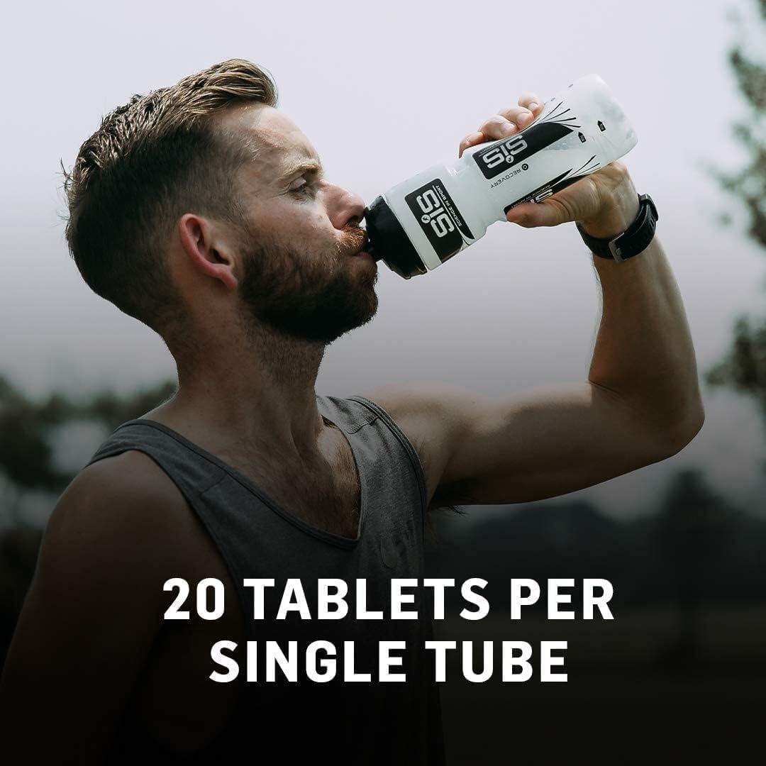 Man drinking from SiS white water bottle with 20 tablets per tube label electrolyte tablets for hydration
