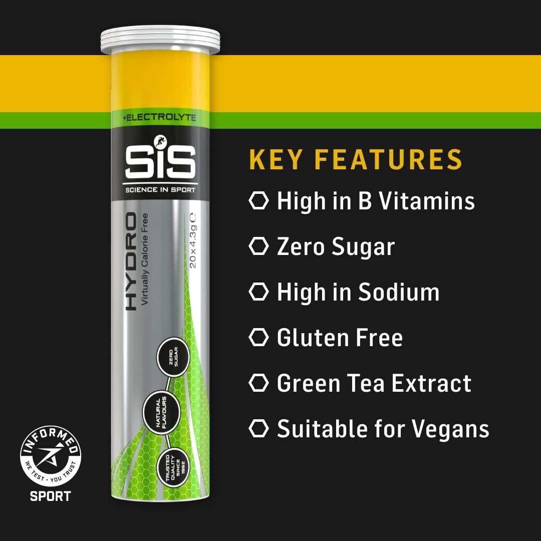 Science in Sport SiS Hydro electrolyte tablets for hydration tube showing key features like zero sugar high sodium gluten free