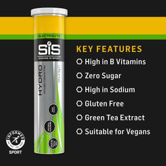 Science in Sport SiS Hydro electrolyte tablets for hydration tube showing key features like zero sugar high sodium gluten free