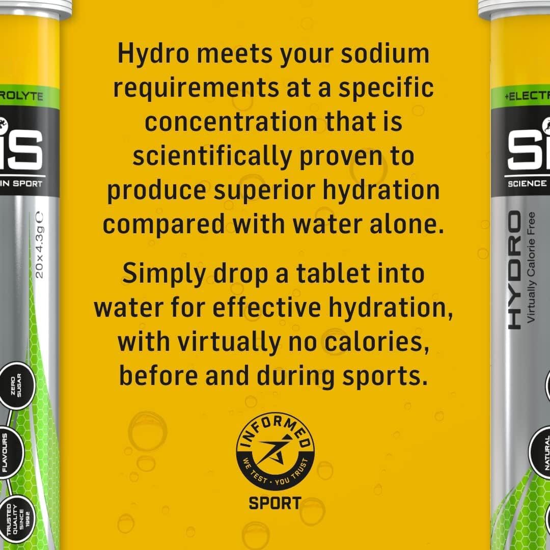 Science in Sport Hydro tube packaging and yellow label explaining electrolyte tablets for hydration and superior sodium balance