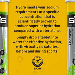 Science in Sport Hydro tube packaging and yellow label explaining electrolyte tablets for hydration and superior sodium balance