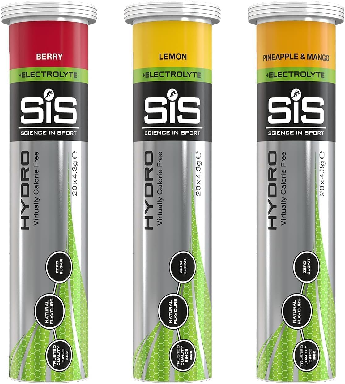 Science in Sport SiS Hydro tubes in Berry Lemon and Pineapple and Mango flavors containing electrolyte tablets for hydration