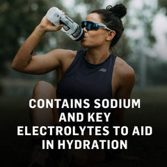 Science in Sport athlete drinking from water bottle with overlay text about electrolyte tablets for hydration
