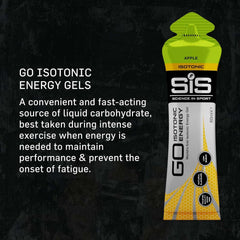 Science in Sport SiS apple Go isotonic energy gel pouch with promotional text describing isotonic energy gels for runners