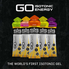 Science in Sport GO isotonic energy gels for runners pack showing apple fruit salad orange lemon lime blackcurrant flavors
