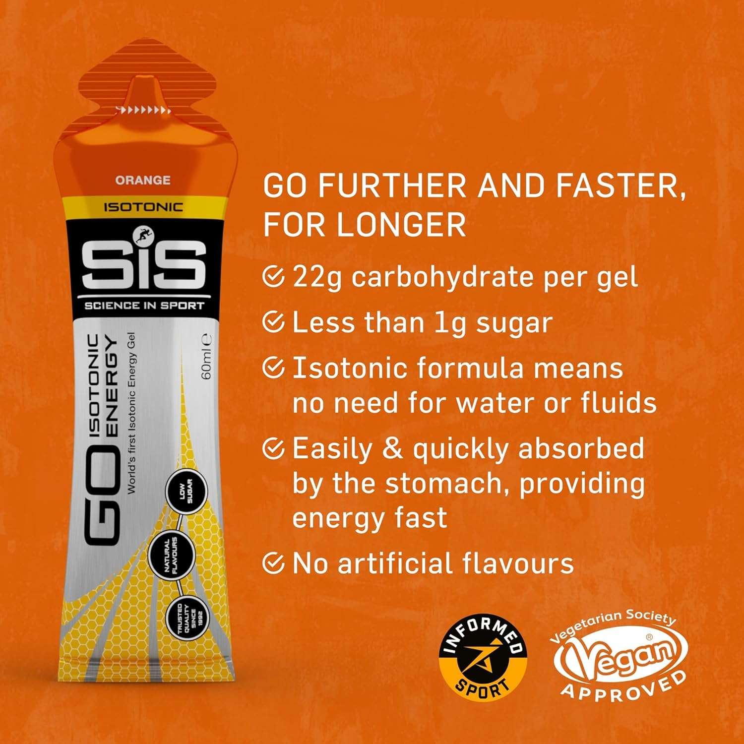 Science in Sport orange isotonic energy gel packet showing nutrition claims 22g carbs Vegan label isotonic energy gels for runners