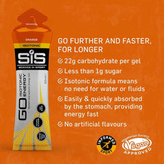 Science in Sport orange isotonic energy gel packet showing nutrition claims 22g carbs Vegan label isotonic energy gels for runners
