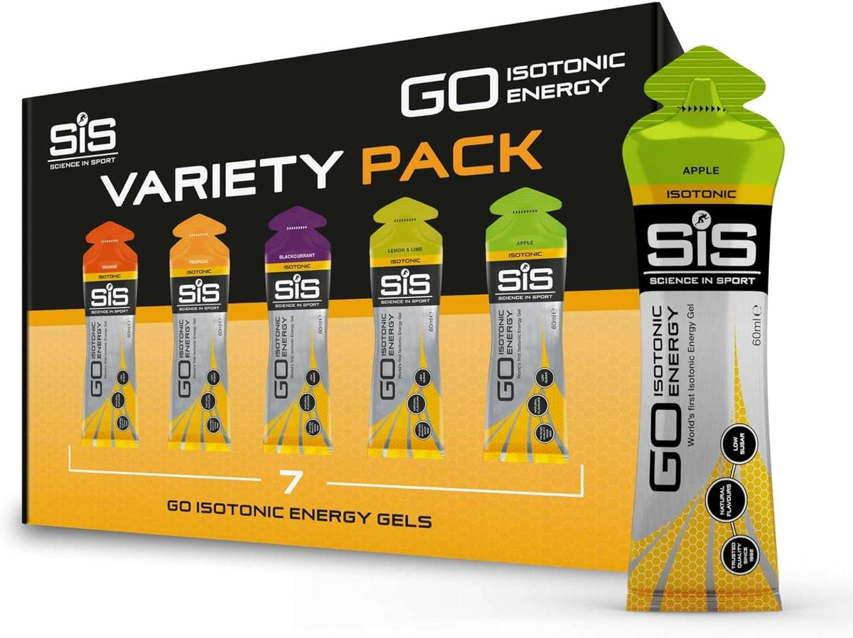 Science in Sport GO variety pack of isotonic energy gels for runners showing seven flavored pouches including apple