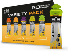 Science in Sport GO variety pack of isotonic energy gels for runners showing seven flavored pouches including apple