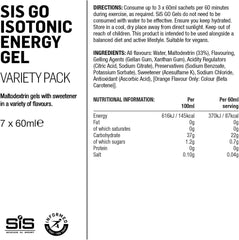 Science in Sport SIS GO isotonic energy gels for runners variety pack 7 x 60ml nutrition label
