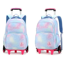 Kids pastel wheeled backpack, front view with starry gradient, pink wheel base