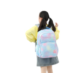 Huitich six wheel backpack for kids in pastel colors worn by child with yellow jacket