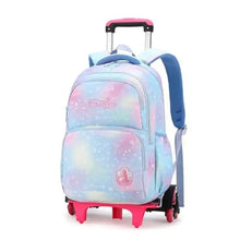 Kids pastel wheeled backpack with telescoping handle, galaxy pattern, side pocket