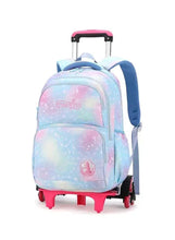 Light blue galaxy trolley school bag with six wheels and front pocket