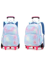 Light blue galaxy trolley school bag with six wheels, front view and side view