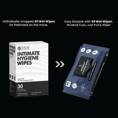 Skin Elements packaging showing 30 individually wrapped box and 40 easy lid pack of intimate hygiene wipes for men
