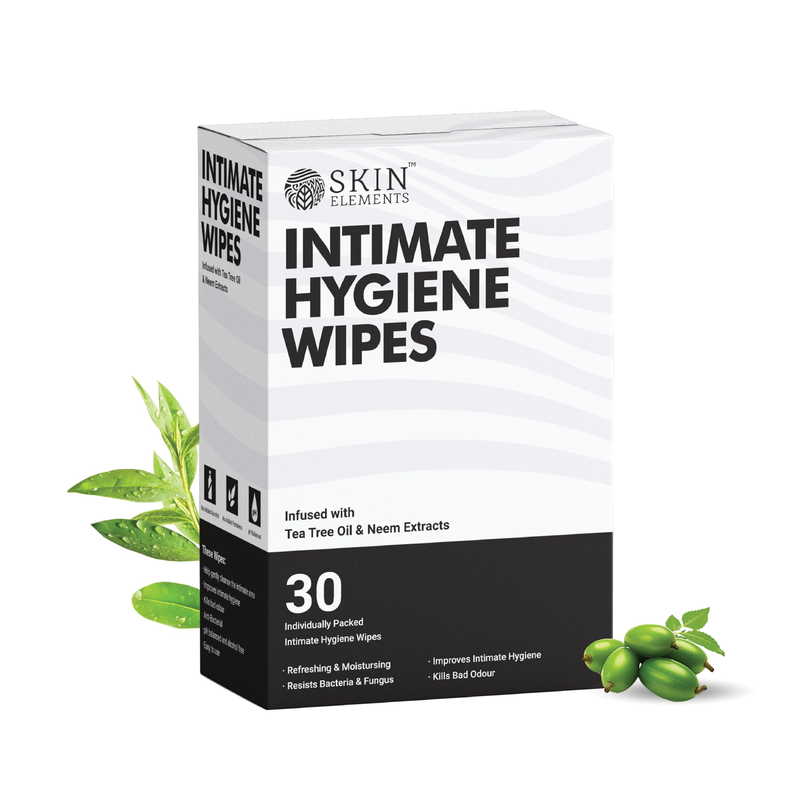 Skin Elements box of 30 intimate hygiene wipes for men with tea tree and neem extracts and green leaves