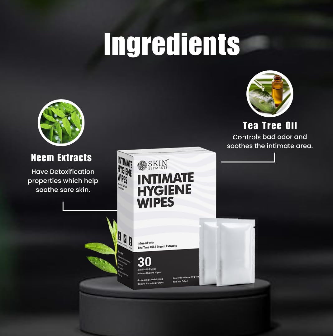 Skin Elements intimate hygiene wipes for men box with 30 sachets showing neem extracts and tea tree oil ingredients