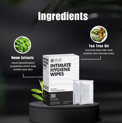 Skin Elements intimate hygiene wipes for men box with 30 sachets showing neem extracts and tea tree oil ingredients
