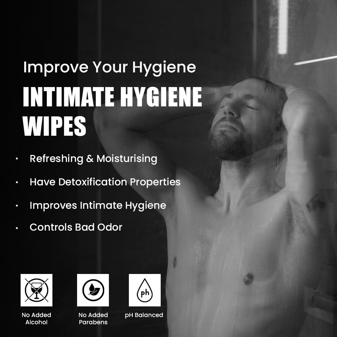 Shirtless man in shower with promotional text highlighting intimate hygiene wipes for men and benefits