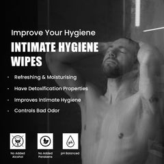 Shirtless man in shower with promotional text highlighting intimate hygiene wipes for men and benefits
