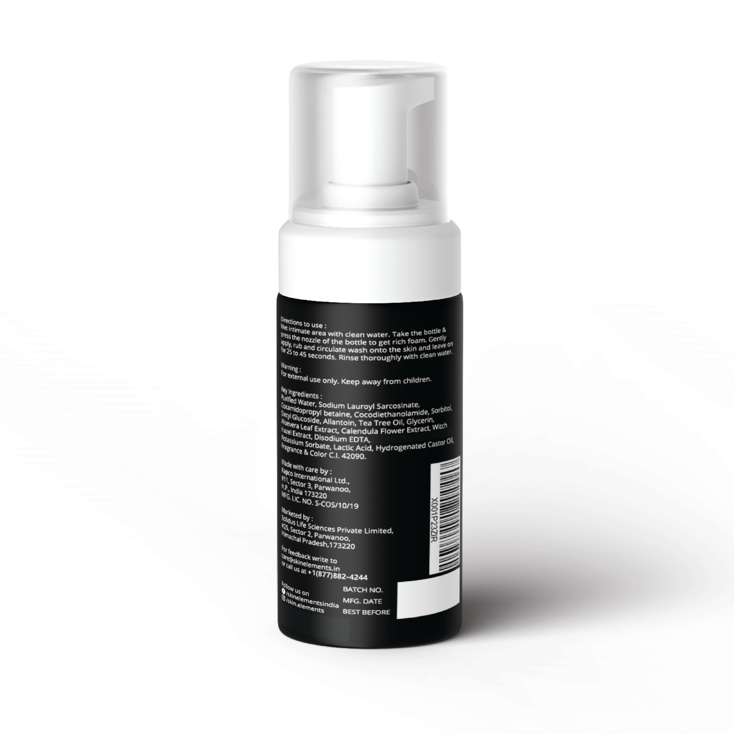 White foaming pump bottle showing back label of men's intimate wash with instructions and ingredients list