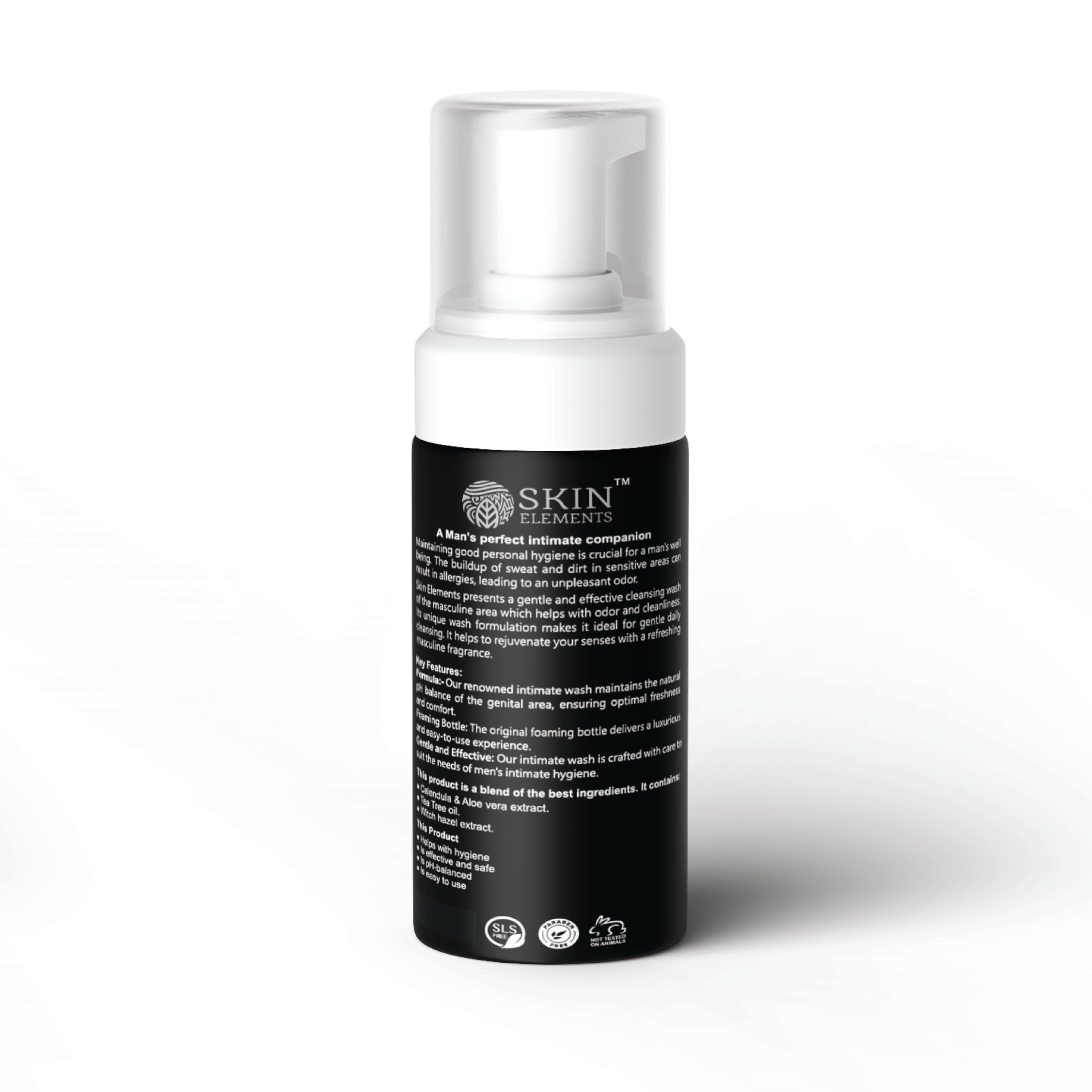 Skin Elements men's intimate wash foaming pump bottle in black and white for gentle daily cleansing