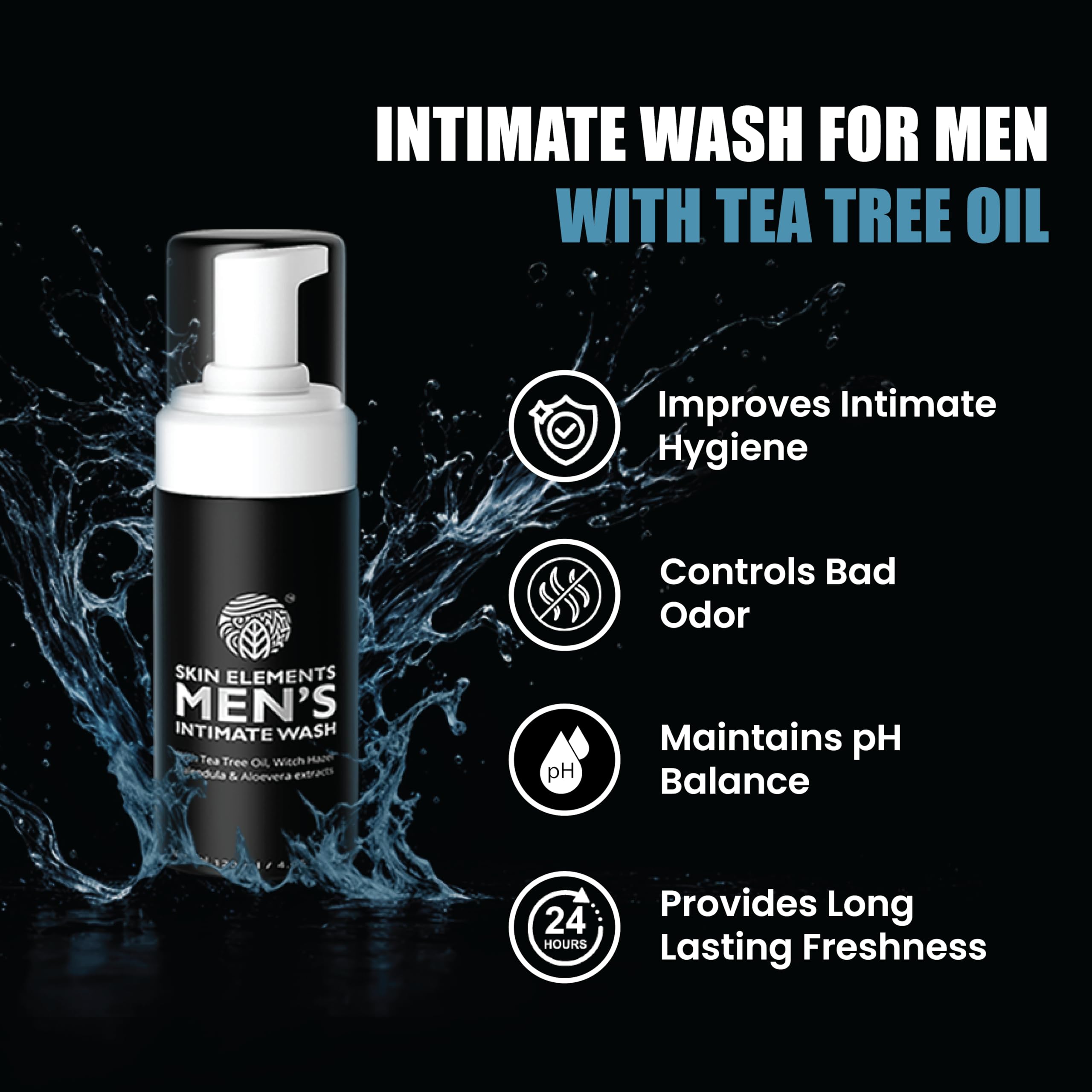 Skin Elements men's intimate wash bottle with tea tree oil label splash background and odor control benefits