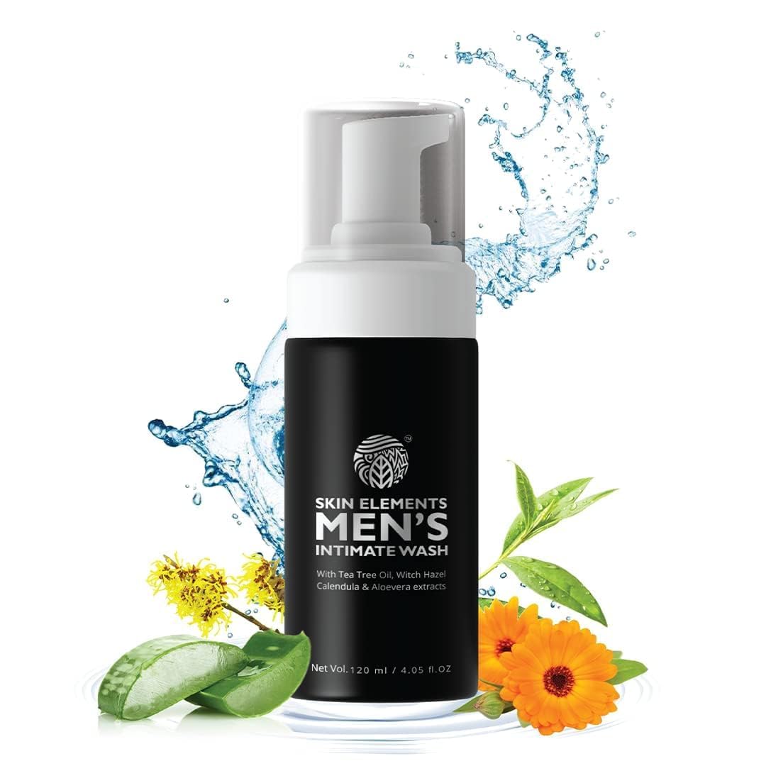 Skin Elements men's intimate wash black foam pump bottle with tea tree aloe calendula extracts