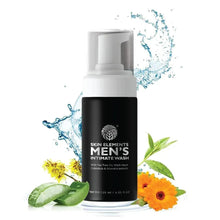 Men’s intimate wash bottle with white pump, shown with aloe leaves and flowers