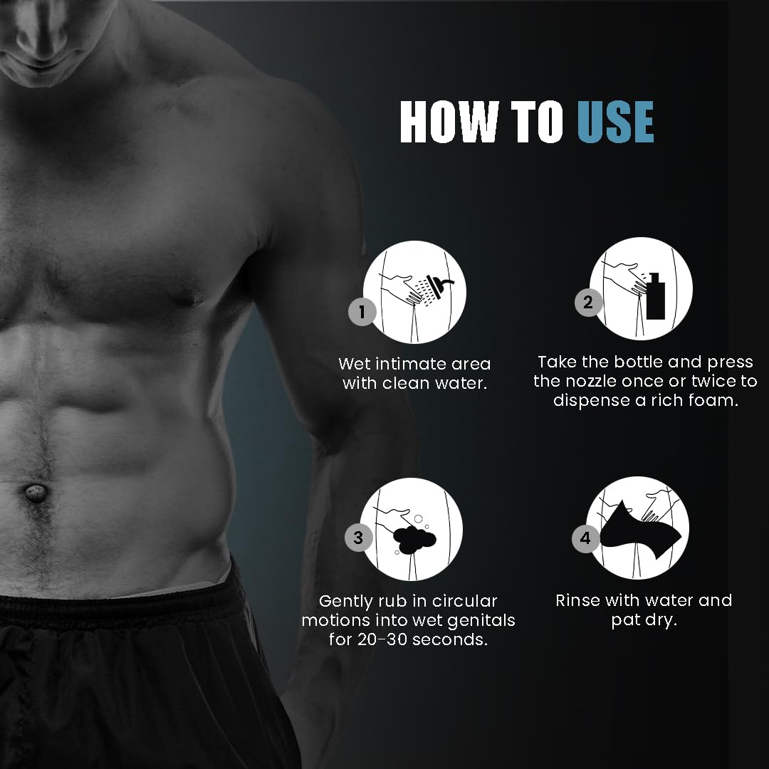 How to use men's intimate wash showing four steps wet dispense foam rub 20 to 30 sec rinse pat dry